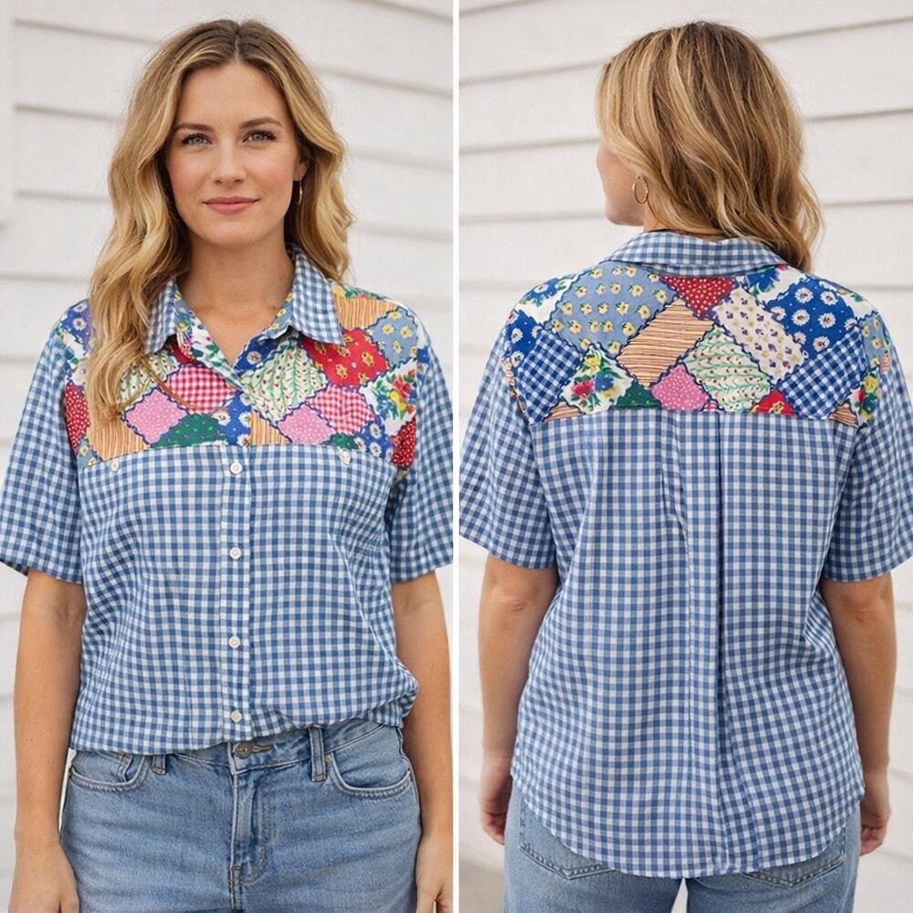 VTG Bechamel Checkered Patchwork Button Up Shirt … - image 1